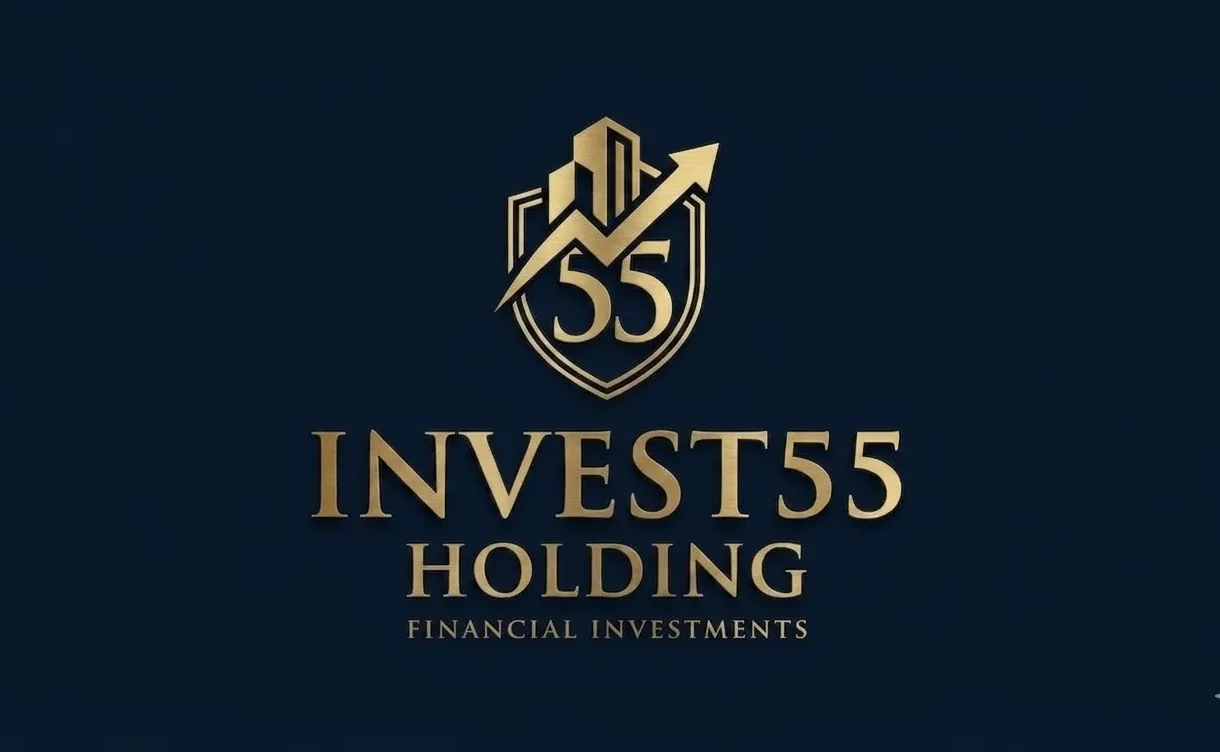 "Invest55 Holding logo, financial investment company, featuring a gold shield, number 55, and upward growth arrow on a dark blue background – invest55-holding.com"